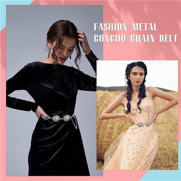 Western Metal Oval Concho Chain Belt Silver Belts Adjustable Belts for Jeans main image 4